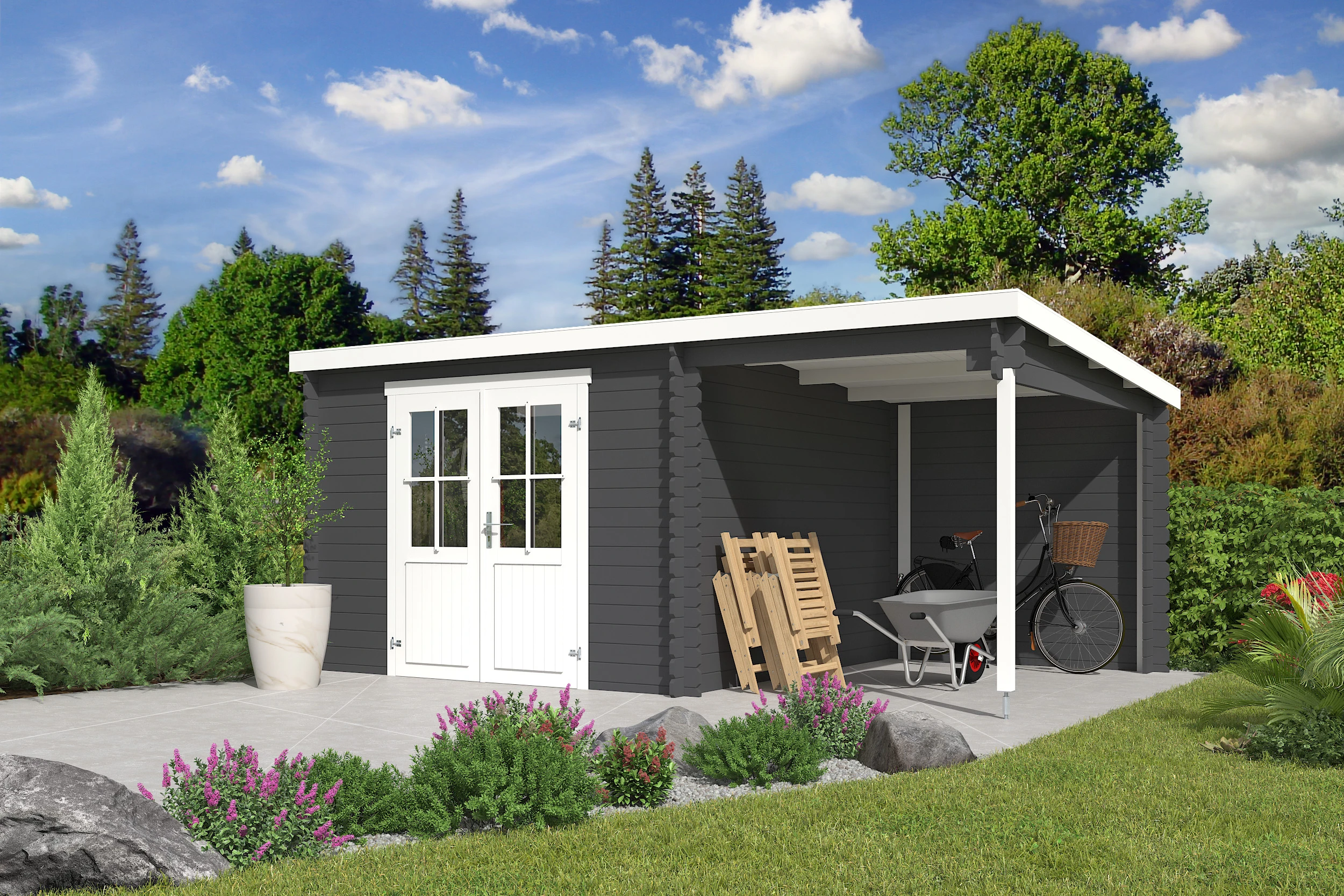 Outdoor Life Blokhut Tampa met Overkapping Carbon Grey-Wit 550 x 250 cm - Afbeelding 1